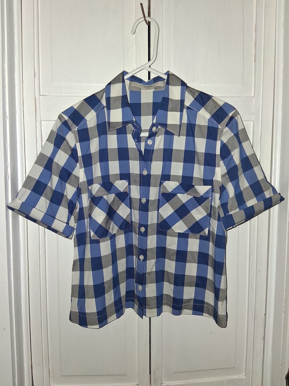 Guess Blue and White Gingham Short-Sleeve Button-Down Shirt